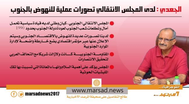 الجعدي : لدى المجلس تصورات عملية للنهوض بالجنوب