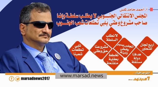 أ.أحمد لملس :المجلس الانتقالي لا يطلب السلطة وإنما صاحب مشروع وطني يُلبي تطلعات شعب الجنوب 