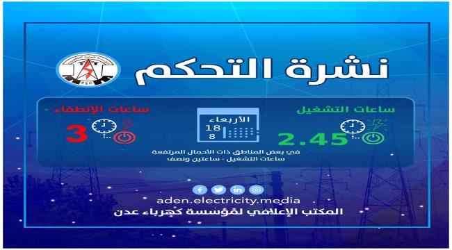 كهرباء عدن تعلن عن برنامجها لعدد ساعات الانطفاء والتشغيل لليوم الاربعاء
