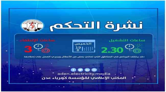 كهرباء عدن تعلن عن برنامجها لعدد ساعات الانطفاء والتشغيل لليوم الخميس