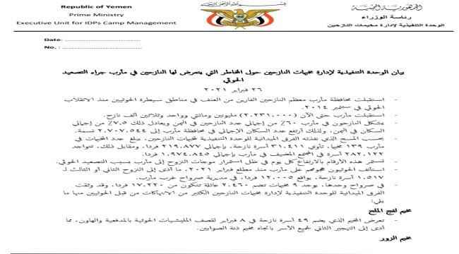 الوحدة التنفيذية لإدارة مخيمات النازحين تناشد المجتمع الدولي الضغط على الحوثيين لوقف استهداف النازحين في مأرب