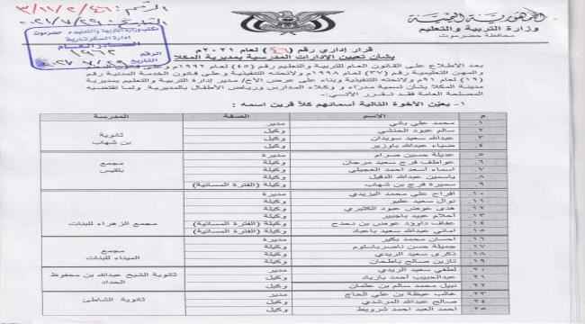 وكيل أول الوزارة مدير تربية حضرموت يصدر قرارات إدارية بشأن تعيين الإدارات المدرسية بمديريات المحافظة للعام الدراسي 2021/2022 
