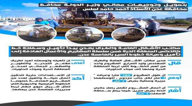 السلطة المحلية بالعاصمة عدن تواصل تأهيل وسفلتة الطرقات بتدشين العمل خط كالتكس المنطقة الحرة