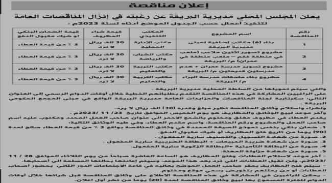 سيتم تمويلها من حساب السلطة المحلية بالمديرية..محلي البريقة يعلن إنزال ( 4 ) مناقصات