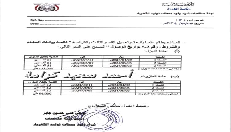 وثيقة بشحنات وقود الكهرباء تفضح مزاعم بن مبارك ضد سلفه معين 