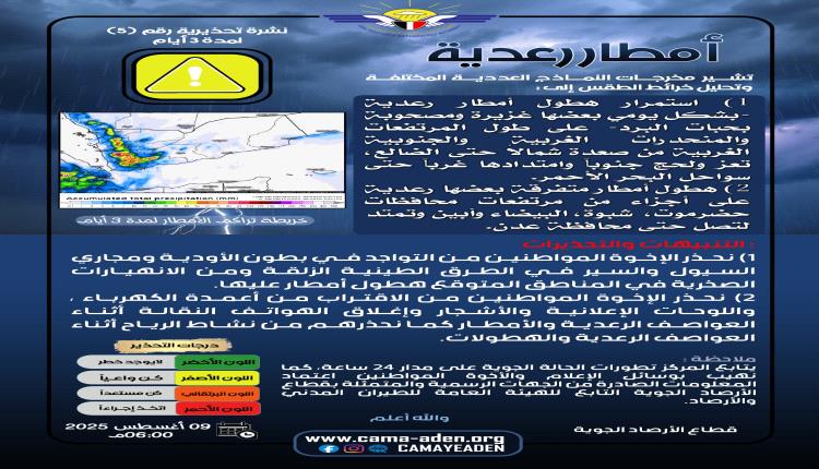 الأرصاد تحذر من استمرار هطول أمطار رعدية بعضها غزيرة بشكل يومي في عدة محافظات