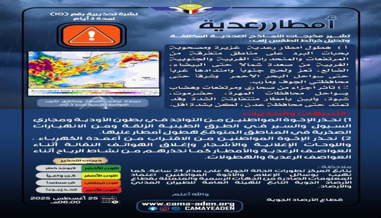 الأرصاد الجوية تحذر من أمطار رعدية غزيرة مصحوبة بالبرد في عدة محافظات