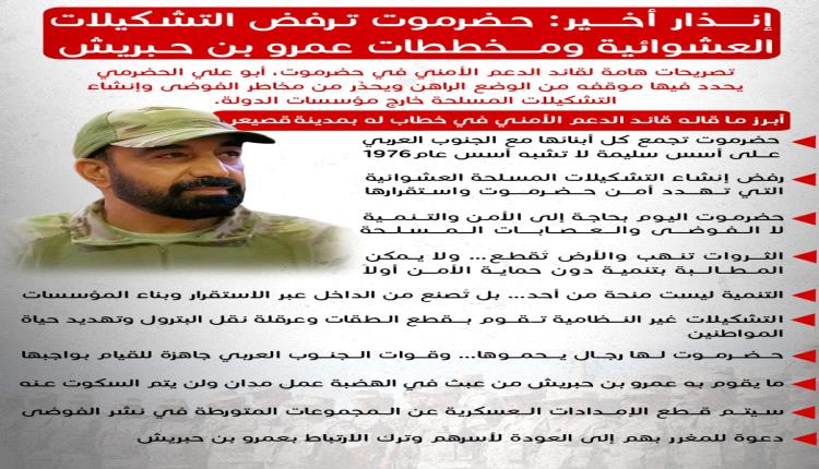 أبو علي الحضرمي يحذّر من عبث عمرو بن حبريش ويؤكد: حضرموت بحاجة للأمن لا التشكيلات العشوائية