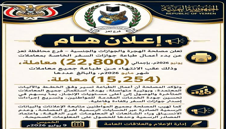 هجرة تعز تعلن بدء طباعة 22,800 جواز سفر لمعـاملات يونيو 2026