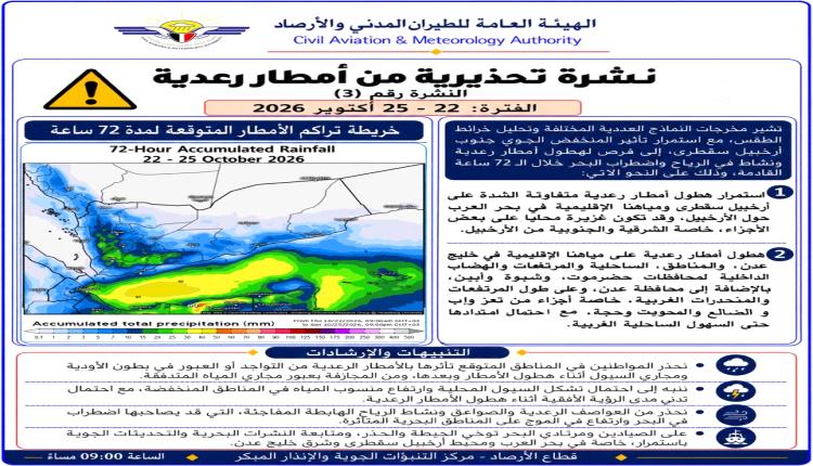 الأرصاد تحذر من أمطار رعدية وسيول محتملة في العاصمة عدن وعدد من المحافظات